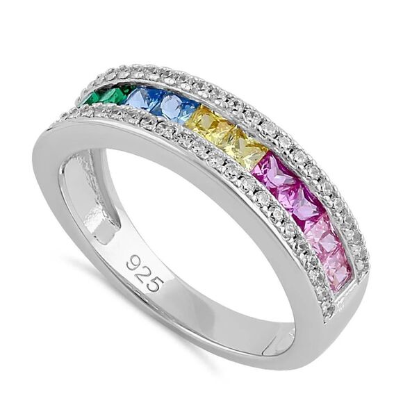 Sterling Silver Multicolor Rainbow CZ Band New - Picture 1 of 4